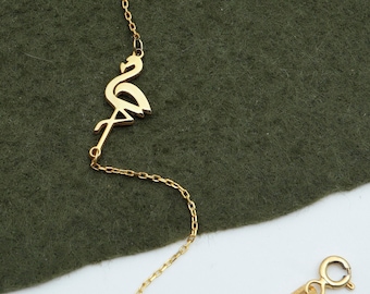 14K Solid Gold Flamingo Bracelet: Dainty Animal Charm Valentines Day Gift