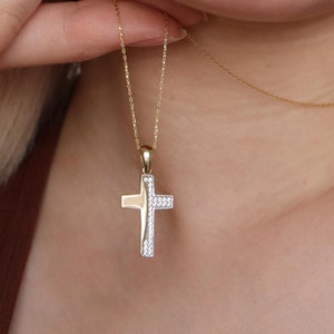 14k Real Gold Bold Cross Pendant, Modern Cross Necklace, Dainty Gold Chain, Baptism, Graduation Gifts, Gold Zircon Cross,Christ Pendant
