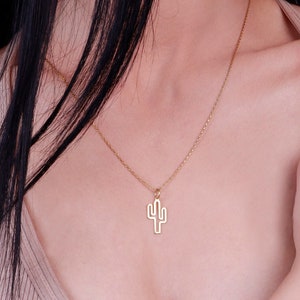 Cactus Charm Necklace in 14K Solid Gold, Real Gold Cactus Pendant, Desert Pendant, Dainty Cactus, Name Bar Necklace, Nature Jewelry