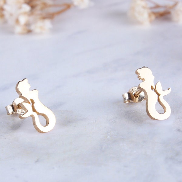 Mermaid Stud Earrings in 14K Solid Gold, Mermaid Fish Earrings, Fun and Dainty, Gold Beach Earrings, Vacation Jewelry, Mothers Day Gifts