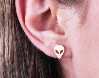 14K Solid Gold Alien Stud Earrings: Handmade Quirky Jewelry Valentines Day Gift