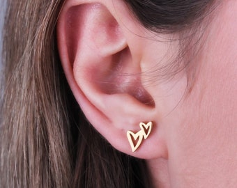 14K Solid Gold Heart Stud Earrings: Minimalist Trendy Jewelry Valentines Day Gift