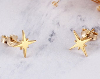 14K Real Gold Celestial Stud Earrings,Gold Star Stud, Dainty Gold Earrings,North Star Stud Earrings, Celestial Earrings, Mothers Day Gifts