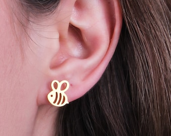 14K Solid Gold Bee Stud Earrings: Dainty Honeybee Jewelry Valentines Day Gift