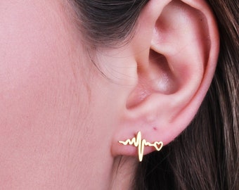 Heartbeat Stud 14K Solid Gold Earrings, Gift For Nurse, 14K Gold Studs,14K Real Gold EKG Studs,Gift for Her, Mothers Day Gifts