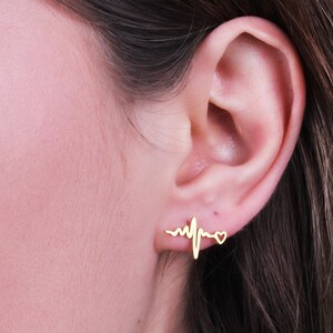 14K Solid Gold Heartbeat Stud Earrings: Handmade EKG Jewelry
