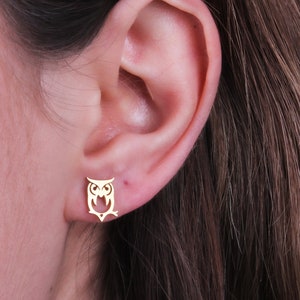 14K Solid Gold Eule Ohrstecker, zierliche Eule Ohrstecker, Kleine Eule Ohrstecker, Gold Eule Ohrstecker, Tier Ohrringe, Geschenk für sie, Weihnachtsschmuck