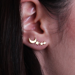 14K Solid Gold Mond und Stern Ohrringe: Zierliche himmlische Schmuckstücke