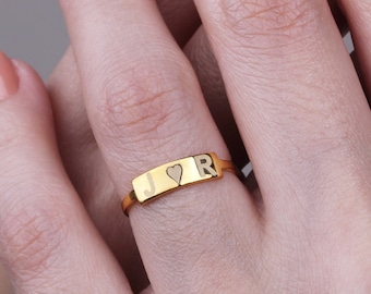 14K Solid Gold Personalized Bar Ring - Custom Initials, Date or Name - Dainty Gold Ring, Christmas Gifts , Mothers Ring, Mothers Day Gifts