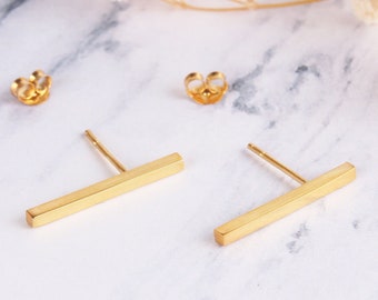 14K Solid Gold Bar Stud Earrings: Minimalist Long Line Design Valentines Day Gift