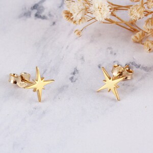 14K Gold Celestial Stud Earrings: Dainty North Star Jewelry Valentines Day Gift