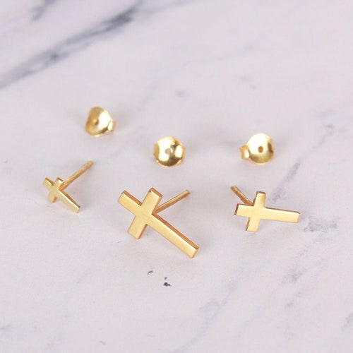 14K Solid Gold Cross Stud Earring Etsy