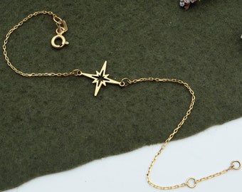 14K Solid Gold North Star Bracelet: Handmade Celestial Jewelry Valentines Day Gift