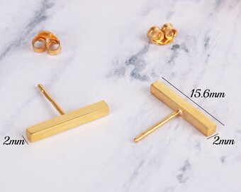 Aretes de barra de oro macizo de 14 quilates: aretes minimalistas de barra, regalo de San Valentín