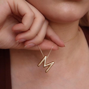 Collar con inicial de oro real de 14 quilates, collar con letras de oro en 3D, colgante con letras de globo, collar personalizado, gargantilla con nombre, regalo para ella
