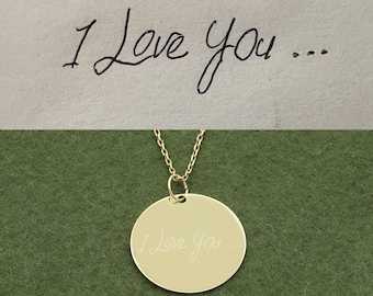 Engraved Actual Handwriting Charm Necklace in 14k Solid Gold, Memorial Signature Pendant,Personalized Own Handwritten Disc,Mothers Day Gifts