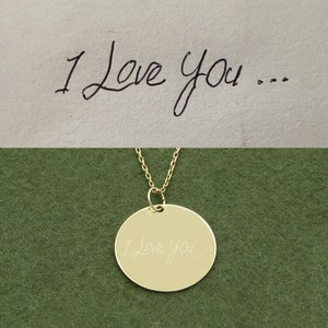 Colar com pingente de caligrafia real gravado em ouro maciço 14k, pingente de assinatura memorial, disco manuscrito personalizado, presentes de Natal
