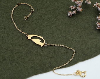 14K Solid Gold Penguin Charm Bracelet: Handmade Animal Jewelry Valentines Day Gift