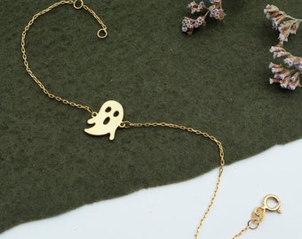 14K Solid Gold Ghost Bracelet: Handmade Halloween Jewelry Valentines Day Gift