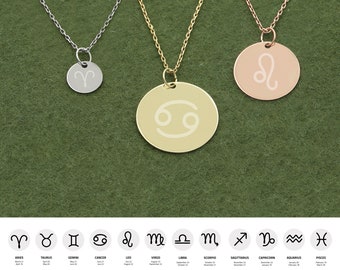 14K Solid Gold Custom Zodiac Necklace, Engrave Zodiac Coin Necklaces, Zodiac Signs and Dates Couples Gold Necklaces, Mothers Day Gifts