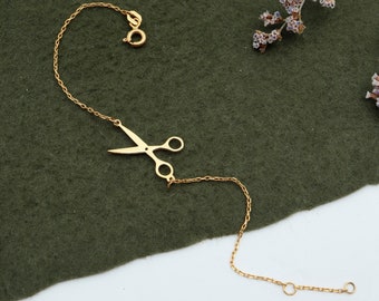 Pulsera de tijeras de oro macizo de 14 quilates: regalo de joyería de peluquero para San Valentín.