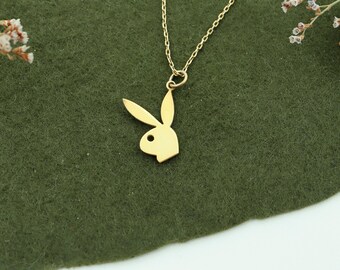 14K Solid Gold Playboy Bunny Pendant Necklace, Bold Jewelry