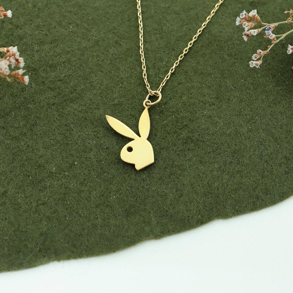 Playboy Necklace in 14K Solid Gold, Bold Pendant, Bunny jewelry, Playboy Jewelry,Gift for her, Playboy Buny Jewelry, Mothers Day Gifts