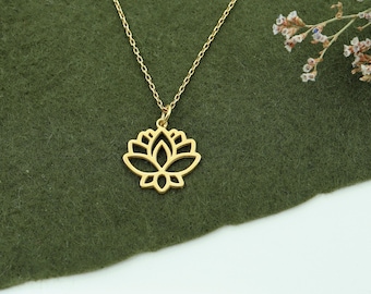 14K Solid Gold Lotus Necklace: Handmade Floral Pendant Valentines Day Gift