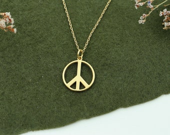 14K Solid Gold Peace Sign Necklace, Handmade Boho Pendant - World Peace Charm, Christmas Gift