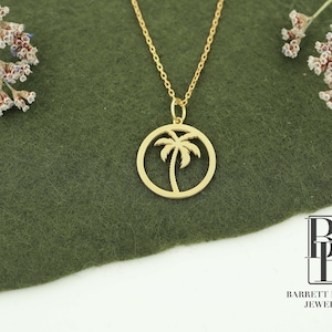 14K Solid Gold Palm Tree Necklace, Real Gold Dainty Palm Circle in Pendant, Palm Tree Jewelry, Palm Tree Charm, Christmas Gifts