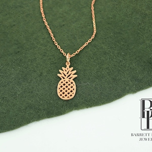 Collar con dije de piña, joyería de piña de oro real, colgante de fruta tropical de oro macizo de 14 k, collar con barra con nombre, regalos de piña, hawaiano