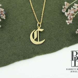 Colar inicial inglês antigo de ouro maciço 14K, colar inicial delicado, colar de monograma, colar de letras, joias com pingente de letras personalizadas