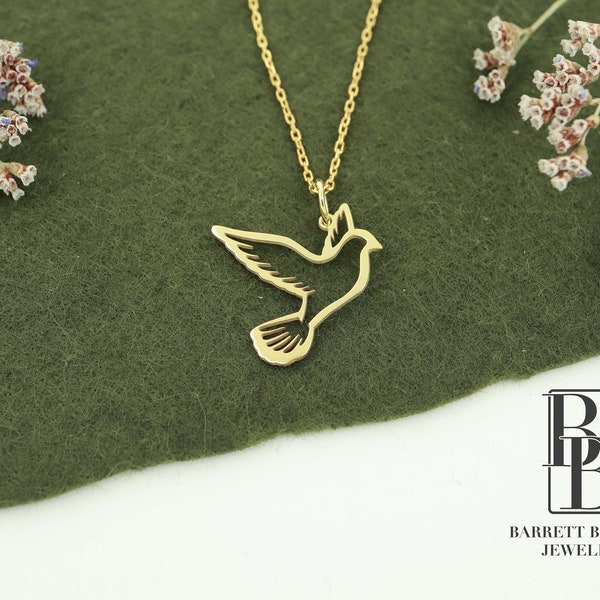 14K Solid Gold Pigeon Necklace, Real Gold Pigeon Pendant, Dainty Dove, Gold Bird Jewelry, Olive Branch, Peace Necklace, Mothers Day Gifts
