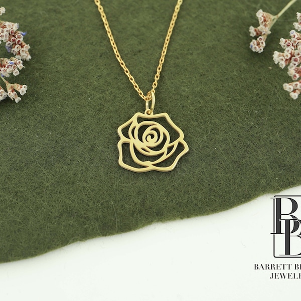 14K Solid Gold Rose Flower Necklace, Dainty Flower Pendant, Rose Charm Necklace, Real Gold Floral Necklace for Women, Mothers Day Gifts