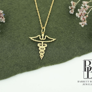 14K Solid Gold Caduceus Necklace, Gold Caduceus Symbol of Medicine Charm Real Gold Pendant Necklace,Gold Nursing Caduceus, Christmas Gifts