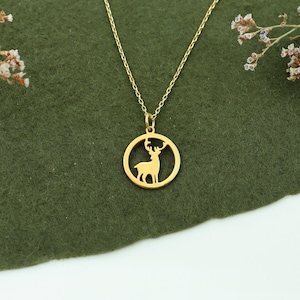 Deer Necklace in 14K Solid Gold, Wild Deer Pendant, Nature Gold Jewelry, Dainty Deer Charm, Hunter Gold Charm,Gift for her, Christmas Gifts