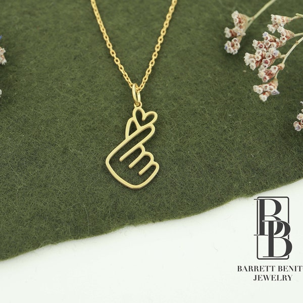 14K Solid Gold Korean Love K-Pop Charm Necklace, BTS Korean Finger Heart Necklace, Real Gold Heart Necklace, Mothers Day Gifts