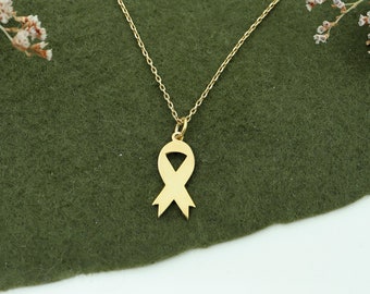 Zierliche 14K Solid Gold Cancer Ribbon Halskette: Handgemachter Survivor Anhänger Valentines Day Geschenk