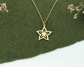 Star Flower Necklace in 14K Solid Gold, Rose Flower Necklace, Gold Flower Pendant Necklace, Flower Charm Necklace, Real Gold Flower Necklace