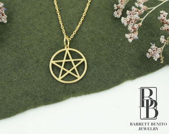 14K Solid Gold Pentagram Necklace: Handmade Geometric Star Pendant Valentines Day Gift