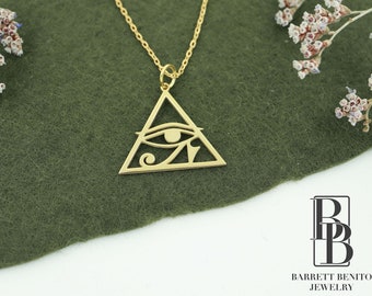 14K Solid Gold Eye of Horus Necklace: Handmade Egyptian Jewelry Valentines Day Gift