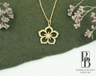 14K Gold Sakura Flower Necklace: Dainty Cherry Blossom Pendant Valentines Day Gift