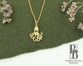 14K Solid Gold Octopus Pendant: Dainty Sea Life Necklace Valentines Day Gift