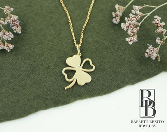 14K Solid Gold Four Leaf Clover Necklace: Lucky Charm Pendant Valentines Day Gift