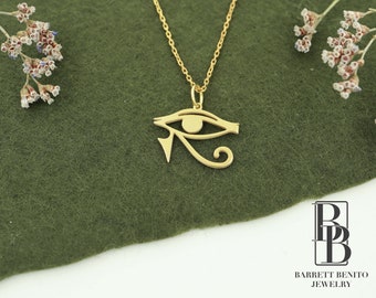 14K Solid Gold Eye of Horus Necklace: Handmade Ra Eye Pendant Valentines Day Gift