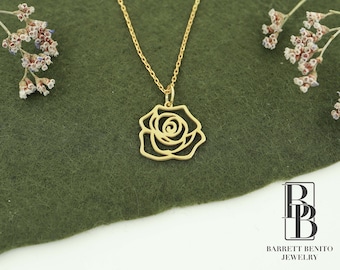 14K Solid Gold Rose Necklace: Dainty Floral Pendant Valentines Day Gift