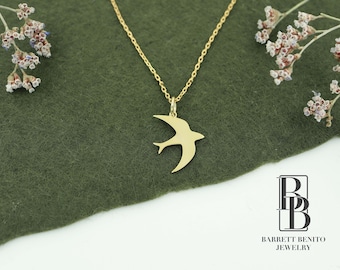 14K Solid Gold Swallow Necklace, Dainty Gold Flying Bird Charm Pendant is a Great Gift For Her, Real Gold Swallow Jewelry, Mothers Day Gifts