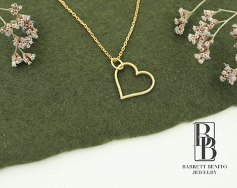 14K Solid Gold Heart Necklace: Handmade Open Heart Pendant Valentines Day Gift