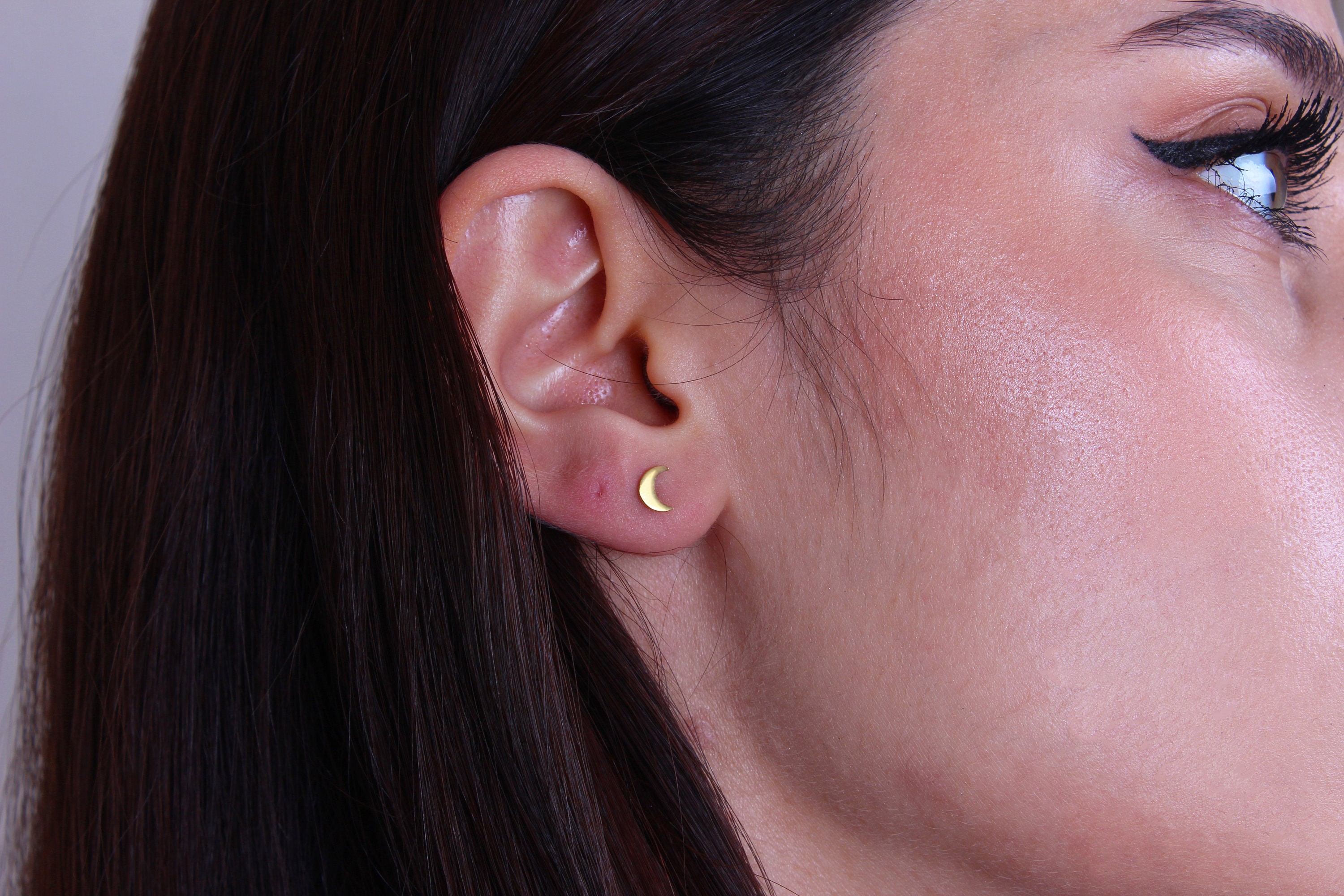 14K Solid Gold Moon Earrings Gold Crescent Moon Stud Etsy