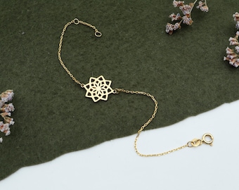14K Solid Gold Mandala Bracelet, Dainty Yoga Jewelry Valentines Day Gift